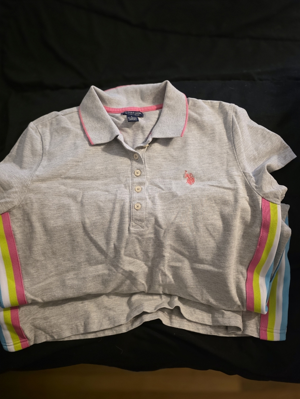 U.S. Polo Assn. Heather Gray Polo with Pink Logo & Multicolor Side Stripes
